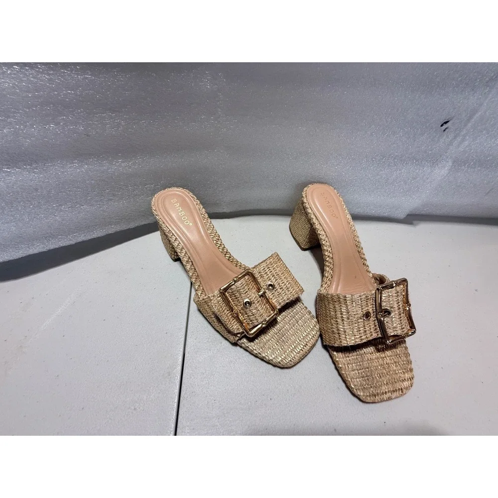 Bamboo Bobbie-37 Woven Raffia Block Heel Slide Sandals Gold Buckle Beige 10M